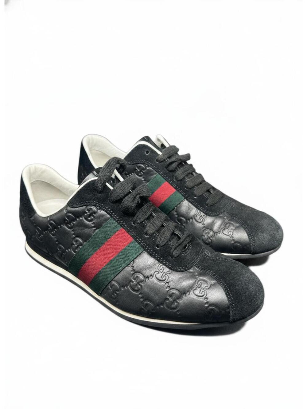 Unisex Gucci Guccissima Black Leather Web Low Top Sneaker - Picture 2 of 9
